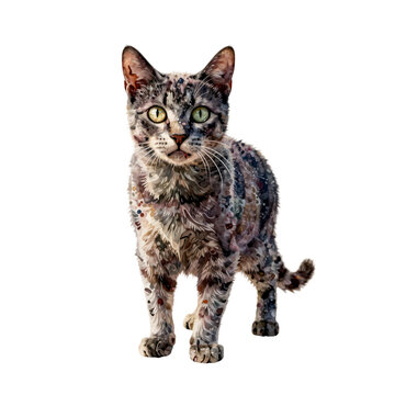 A cat with striking green eyes stands on a white background in a detailed illustration