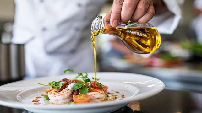 Faceless restaurant chef finishing a Mediterranean seafood dish with a drizzle of golden olive oil, professional culinary setting, gourmet cuisine, food service, chef at work,
