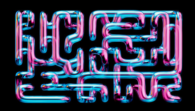 3D Curved Metal Abstract Sculpture Neon Pink Cyan Reflection