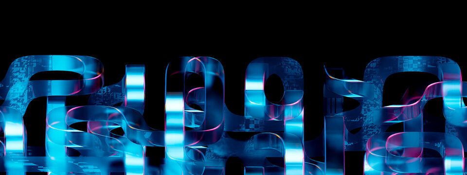 3D Cyan Ribbon Pattern Digital Abstract Background Blue Neon Glow