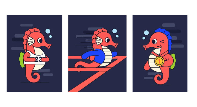 Cartoon Seahorse Athlete Racing and Winning Gold Medal Vector Set