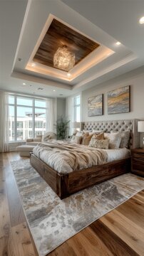 A luxurious bedroom features a wooden bed with a tufted headboard, patterned rug, and coffered ceiling with wood paneling in the.