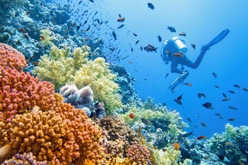 Man scuba diver near beautiful colorful healthy coral reef with diversity of corals © Tunatura