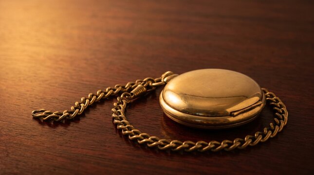 Closed Vintage Brass Pocket Watch with Chain on Wooden Surface