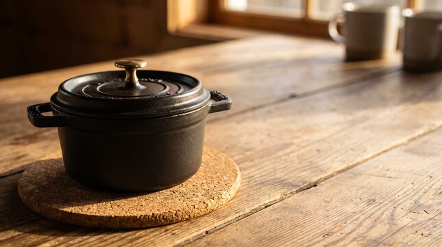 Cast Iron Mini Cocotte on Wooden Table in Warm Sunlight