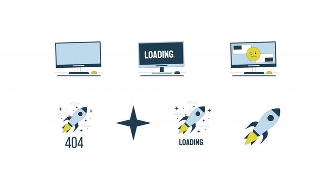 Rocket launch 404 and broken monitor loading cartoon animation pack. Error interface. Computer screens failure. Startup liftoff animated flat 4K video collection isolated on transparent background