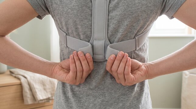 Person putting on a posture corrector belt for back support and spinal alignment