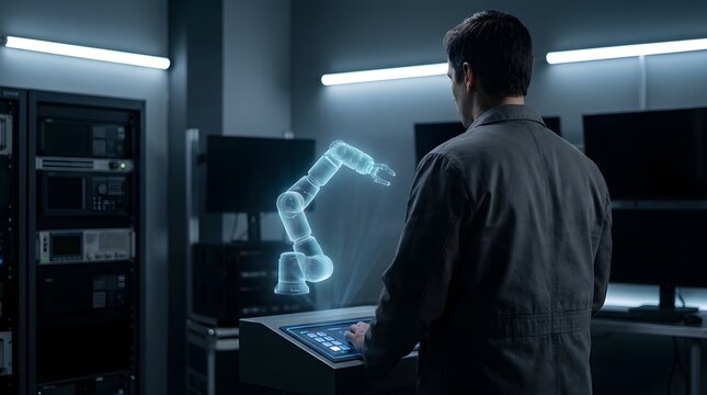 Professional technician analyzing a holographic cobot arm for advanced industrial automation systems