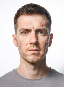 Front-facing close up portrait of a serious adult man with problematic acne-prone skin, photographed with studio lighting. She is looking directly at the camera, Light coming from both sides.