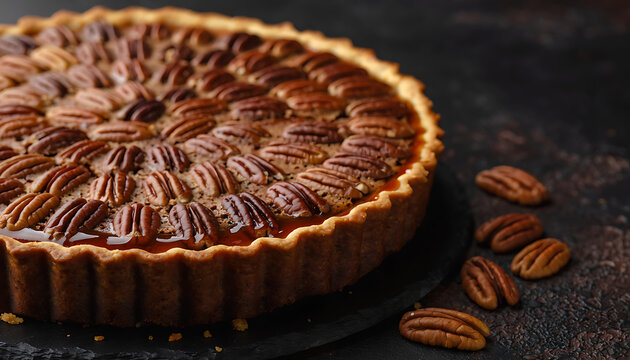 Close Up of Whole Pecan Pie with Caramel Glaze on Dark Slate Surface