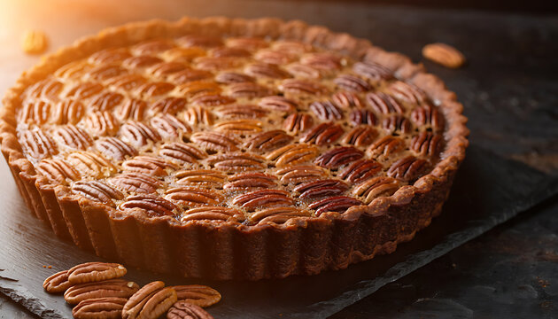 Close Up of Whole Pecan Pie with Caramel Glaze on Dark Slate Surface