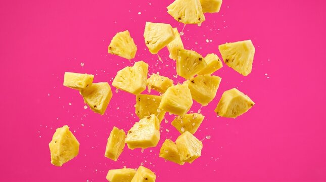 Fresh pineapple chunks falling in mid-air against a vibrant pink background