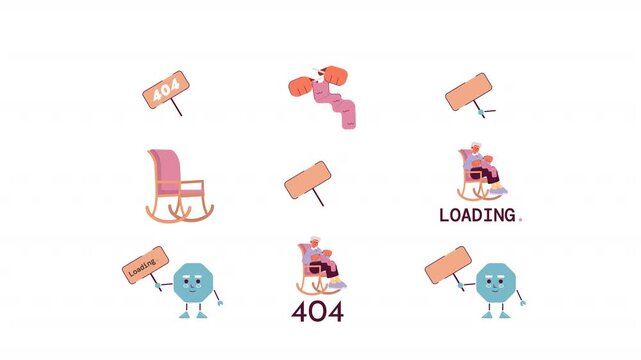Handicraft and abstract loading with 404 error cartoon animation pack. Playful character. Elderly grandmother knitting in rocking chair animated flat 4K video collection on transparent background
