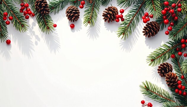 Christmas evergreen branch border with pinecones and red berries on white background, top and side frame with empty copy space