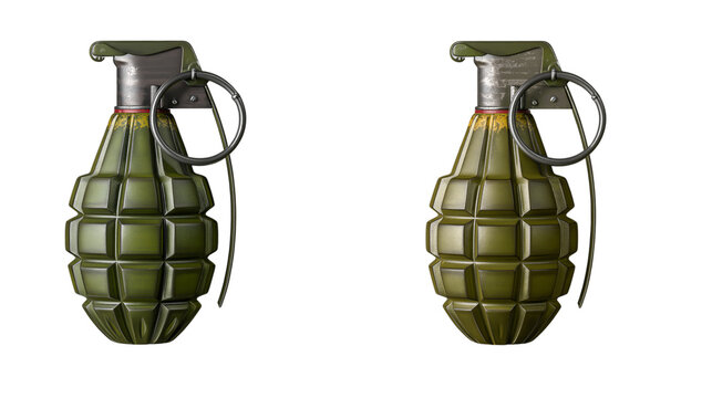 Two green grenades with metal pins on transparent background