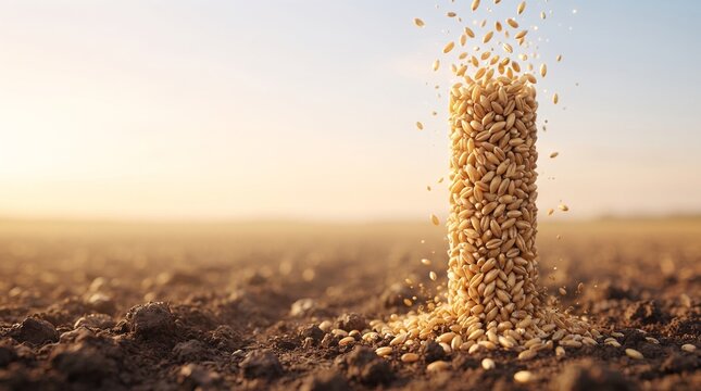 Column of Falling Wheat Grains on Cultivated Soil. Sowing Seeds in Organic Field. Agriculture Harvest Concept. Golden Grain Seeds. Farm Soil Texture. Sunset Background. Germination Growth.