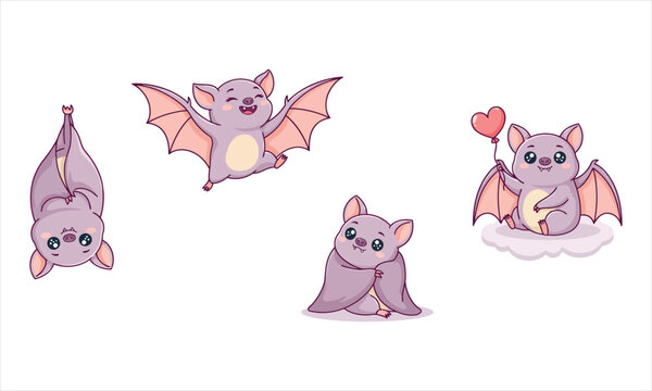 Kawaii purple bat character illustration set with four cute poses including hanging flying and holding a balloon
