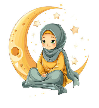 Muslim girl in hijab sitting under crescent moon with stars isolated on transparent background