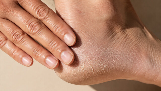woman hand touching dry cracked skin on heel of her foot. Closeup of rough peeling skin on foot. Dry feet care, pedicure and moisturizing cream concept for skincare and podiatry treatment