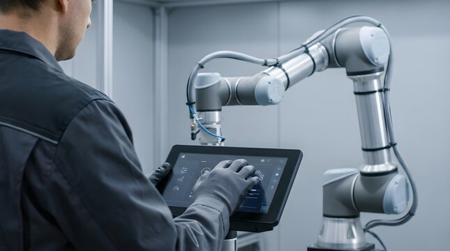 Engineer managing collaborative robot arm with digital interface for industrial automation cobotics
