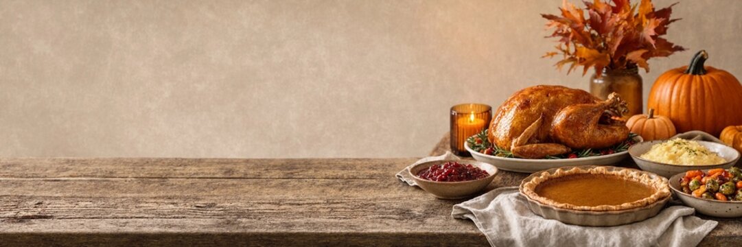 Roasted turkey, pie, and autumn decorations on a rustic wooden table against a beige background, holiday feast concept. Autumn harvest, cozy gathering, traditional meal. Thanksgiving, celebration.