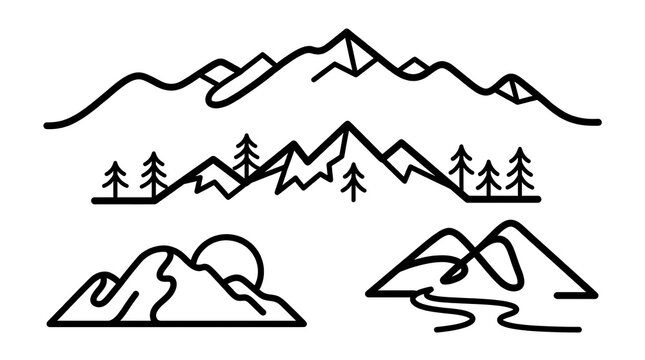 Minimalist mountain range and forest line art icons.