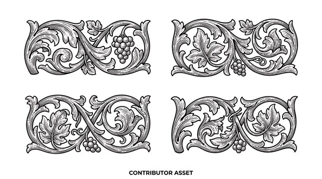 Ornate floral scrolls with vine and grape patterns.