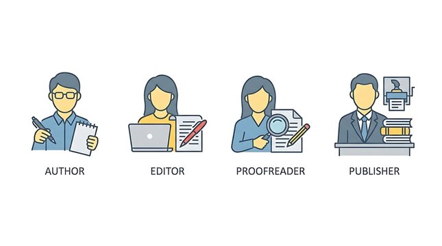 Publishing industry professional roles line icons.