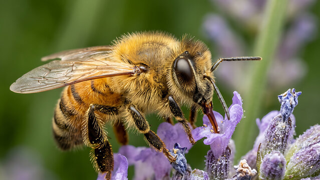 Macro honeybee pollinating purple lavender flowers in sunny garden