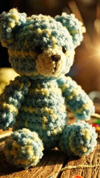 Handmade blue and yellow crochet teddy bear sitting on rustic wooden table