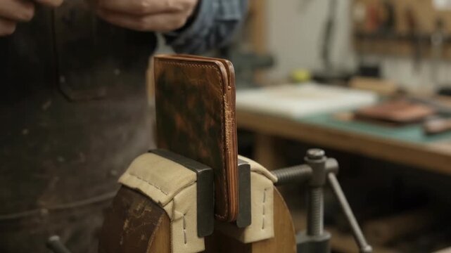 Artisan Burnishes The Edge Of A Leather Wallet With A Wooden Slicker
