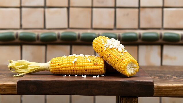 Mexican elotes (grilled corn) resting on a rustic wooden bench with a tiled wall behind, topped with cotija cheese