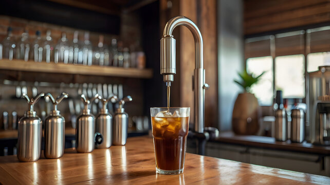 Stainless steel draft tap dispensing fresh cold brew nitro coffee into a glass.