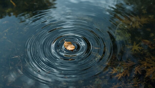 Calm Autumn Leaf Floating on Water Creating Ripples