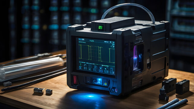Portable rugged digital oscilloscope with screen monitoring wave metrics on a workbench.