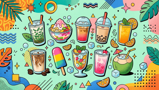 Tropical Refreshing Cold Drinks Iced Coffee Bubble Tea Popsicle and Desserts Vector Illustration Set
