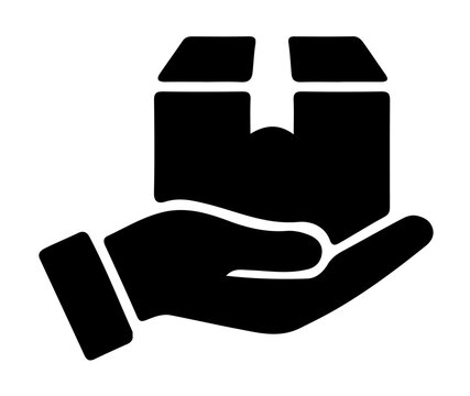 Safe package delivery icon with hand holding shipping box vector silhouette