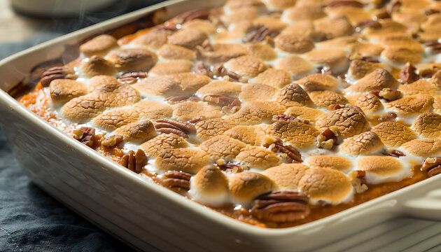 Close Up of Sweet Potato Casserole with Toasted Marshmallow and Pecan in Baking Dish