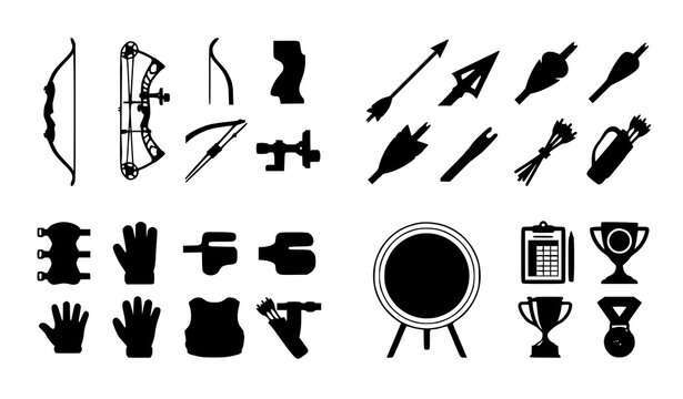 Modern Archery Sports Icons Bundle with Bows Arrows Targets Gear and Accessories