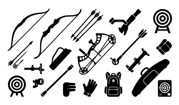 Archery Gear and Target Shooting Icons Collection with Bows Arrows Protective Equipment and Accessories