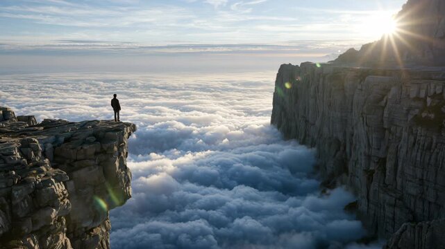Person stands on cliff edge above clouds during sunrise at a mountainous location