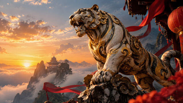 Chinese Tiger Statue &ndash; Traditional Asian Sculpture and Ancient Symbol of Strength and Power