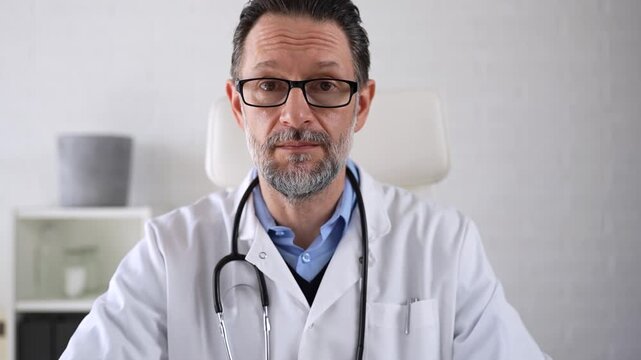 Male physician speaking to patient on video call and explaining medical information during remote appointment. Serious professional telehealth consultation