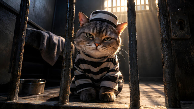 Grumpy Bad Cat in Prisoner Costume Sitting Inside a Prison Cage &ndash; Cute Criminal Animal Portrait