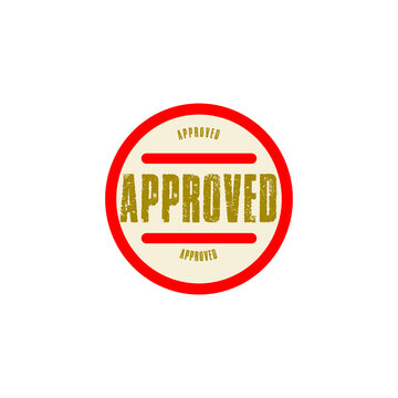 Red approved stamp with bold yellow text on transparent background