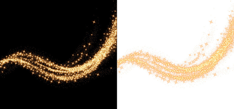 Flowing golden sparkle trail with shimmering particles, radiant glitter dust and smooth luminous curves, on black and white background, PNG.
