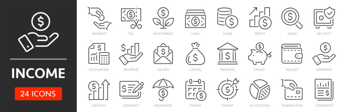 Income line icon set. Profit, earning, money, tax, salary, wage, pay, accounting - stock vector.