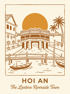 Vintage Line Art Travel Poster of Hoi An Vietnam for Global Tourism and Culture