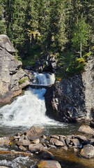 Scenic Moose Falls in a rocky canyon. A powerful waterfall cascades down cliffs and rocks into a river surrounded by green pine trees. Beautiful wild nature landscape in Eastern Kazakhstan. © Marina