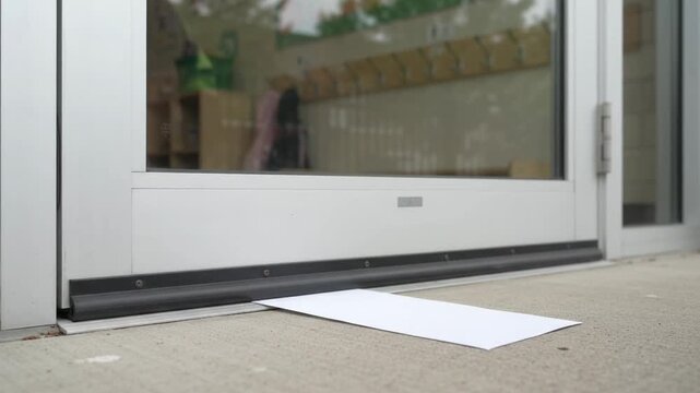 Worker Sliding Paper Under Door Seal to Test Flood Barrier Gap